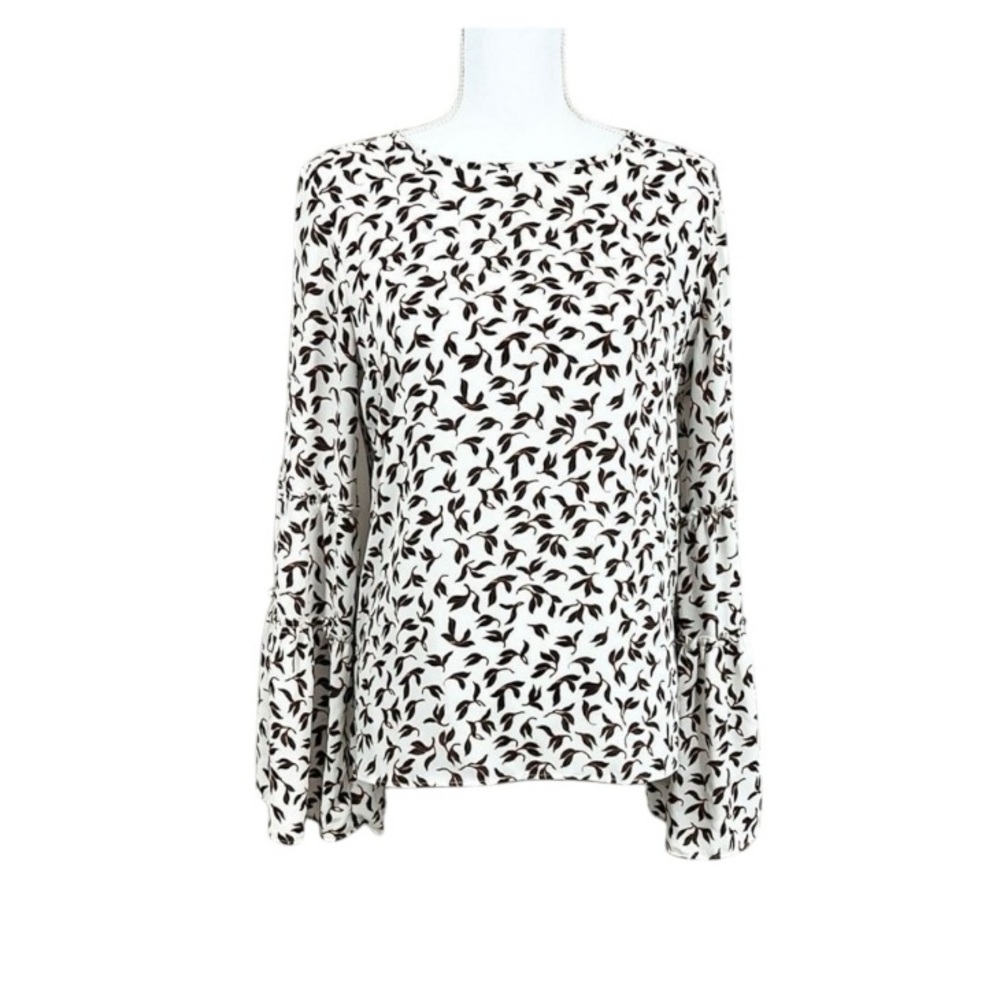 Ann Taylor White Brown & Black Leaf Design Bell Long Sleeve Blouse Size Small